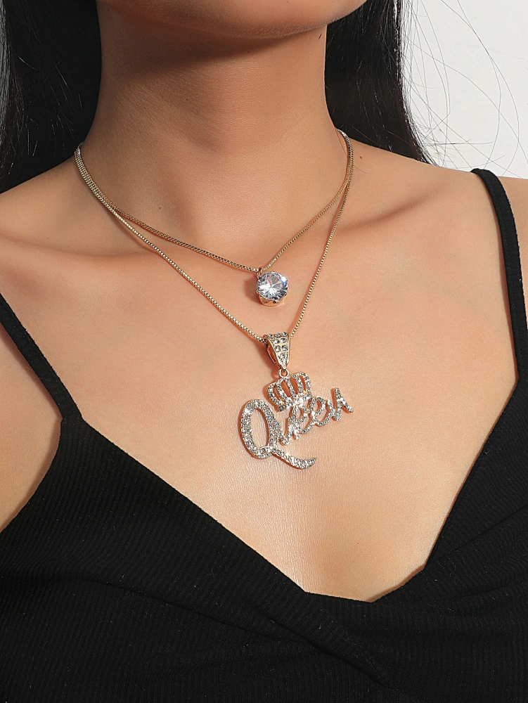 Crown Rhinestone Pendant Multilayer Queen Necklace