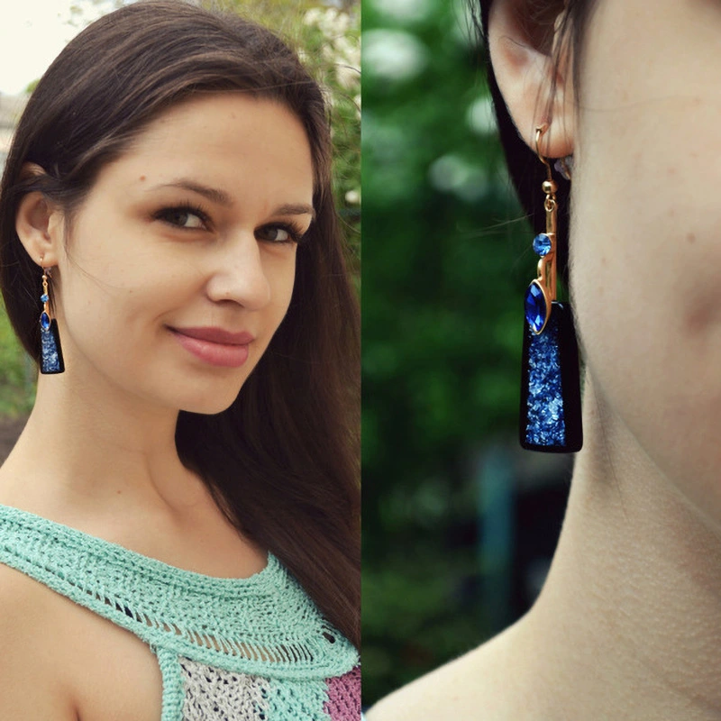 Fashion Blue Resin Earrings, Women's Long Diamond-studded Earrings