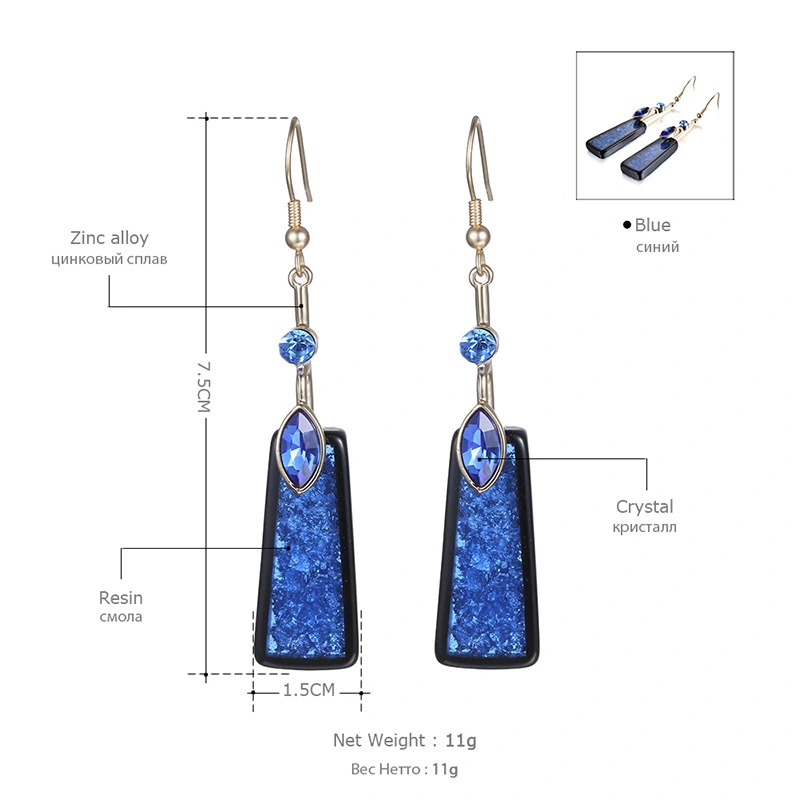 Fashion Blue Resin Earrings, Women's Long Diamond-studded Earrings