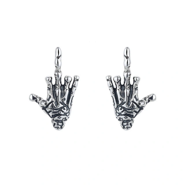 Exaggerated Gothic Dark Skull Hand Stud Earrings In Sterling Silver