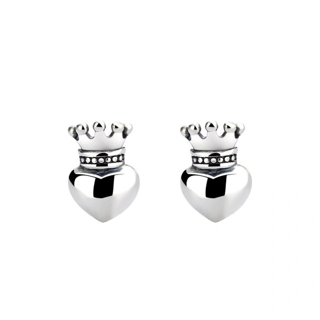 Vintage Love Crown Stud Earrings In Sterling Silver