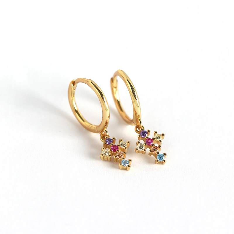 French Cross With Diamonds And Gold Stud Earrings