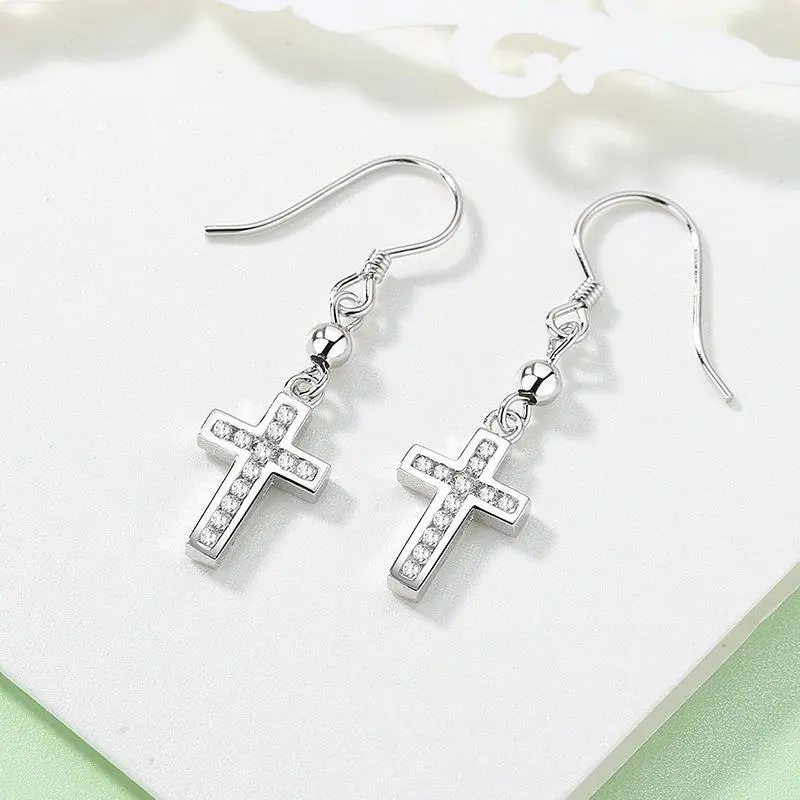 Classic Cross Ear Hook Earrings In Sterling Silver