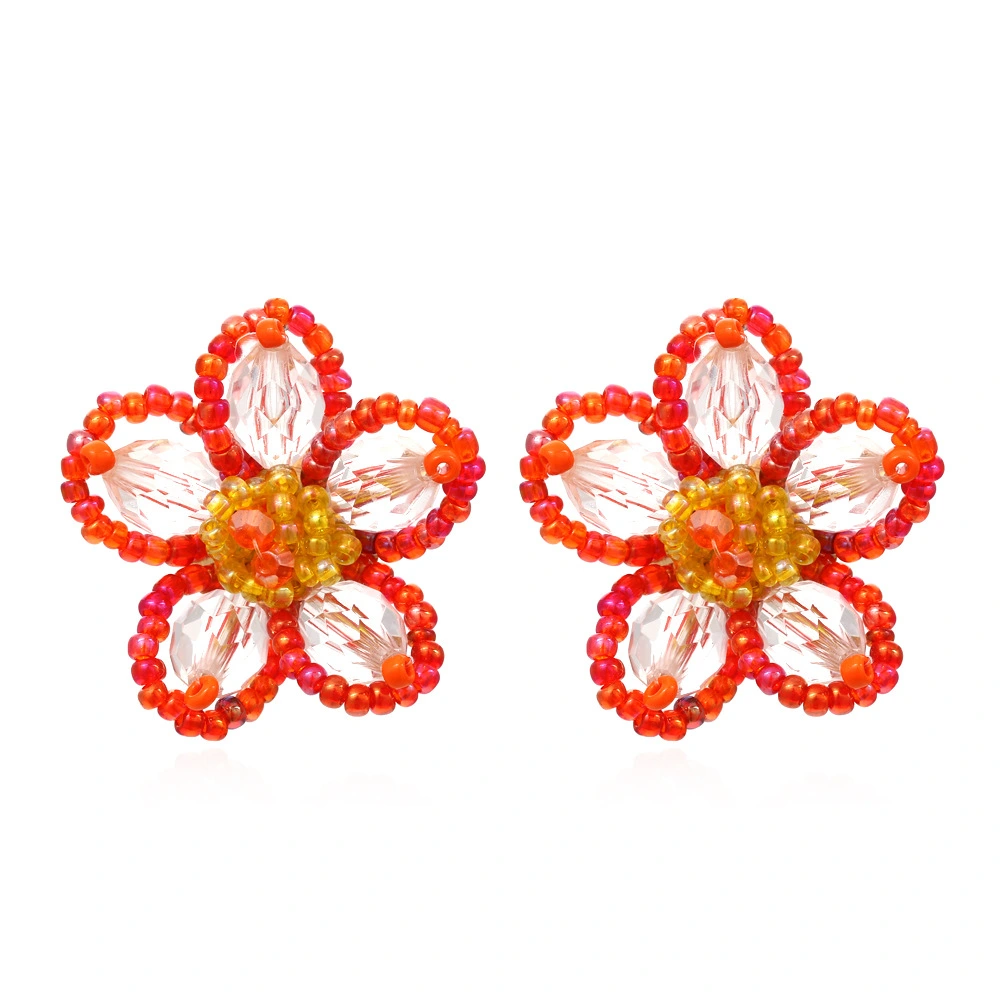 Hand-woven Rice Bead Flower Earrings European And American Retro Bohemian Holiday Style Beaded Flower Earrings