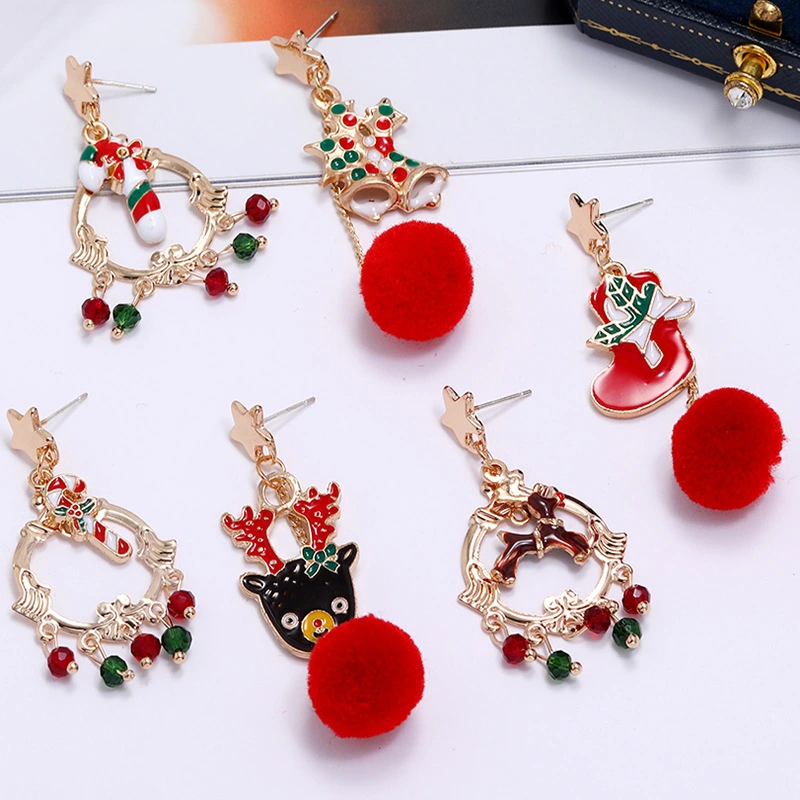 Christmas Female Autumn And Winter Hair Ball Asymmetrical Elk Bell Earrings