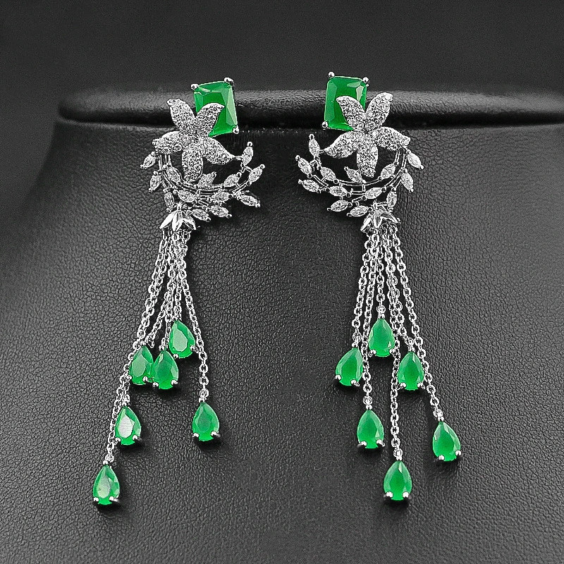 Vintage Emerald Green Gemstone Stud Earrings Luxury Long Earrings