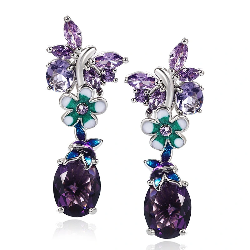 Oval Purple Zircon Flower Earrings Butterfly Ladies Earrings