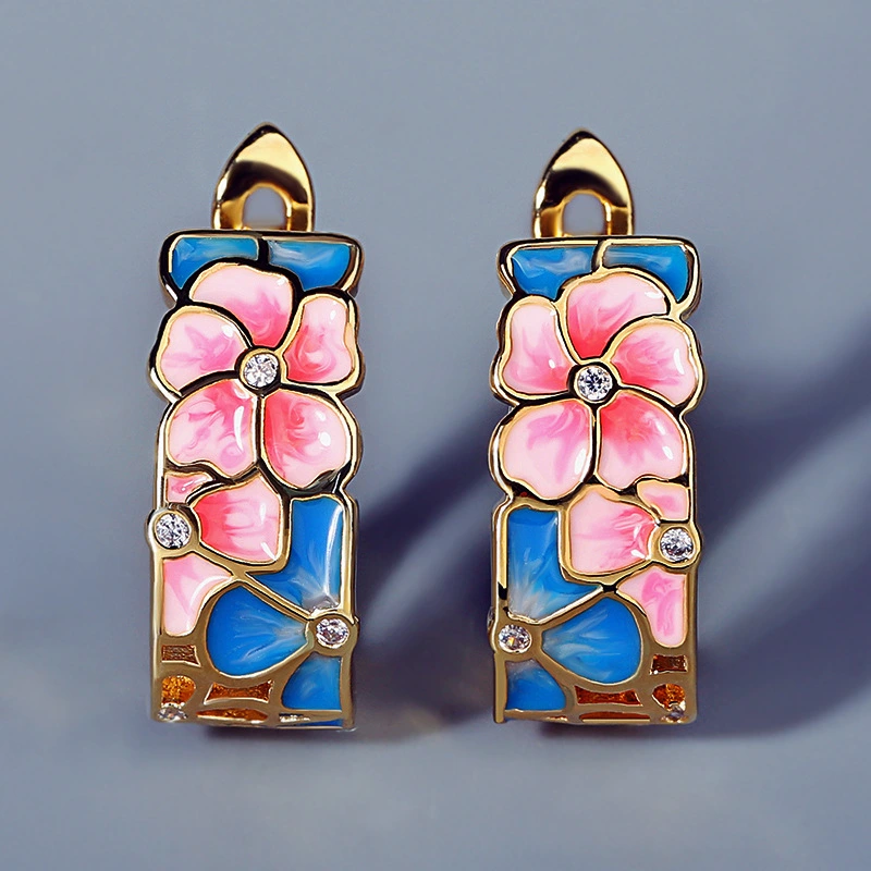 Fashion Enamel Flower Ladies Hug Earrings Retro Bohemian Round Small Earrings