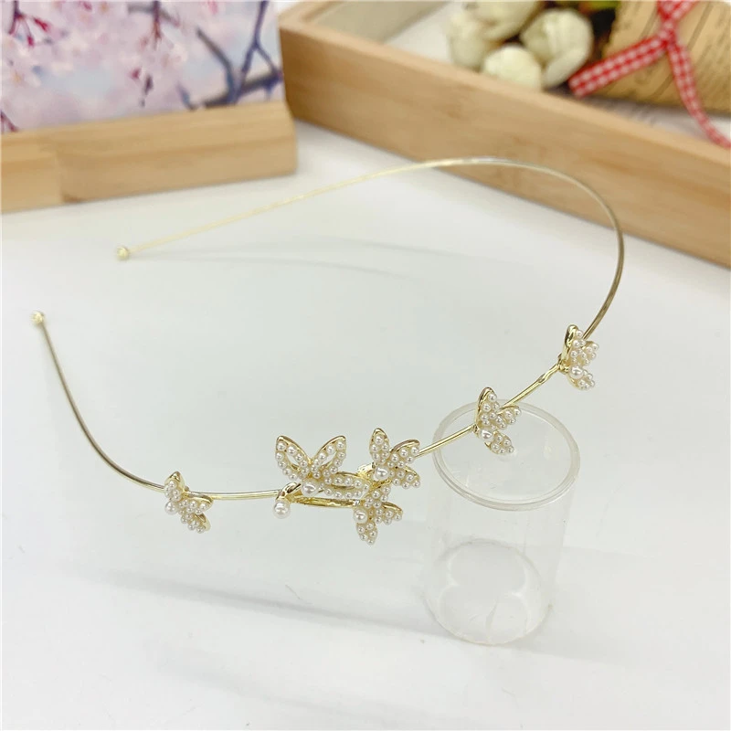 Summer New Girl Sweet Thin Rod Gold Bottom Inlaid Pearl Butterfly Flower Headband Hairpin Press Hair Wholesale