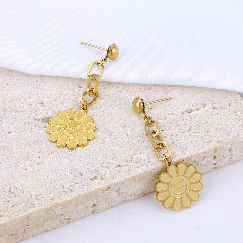 Stainless Steel Long Earrings Sun Flower Pendant Earrings