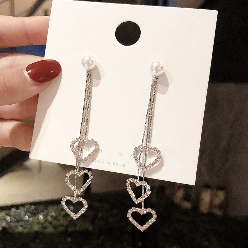 Silver Needle Diamond Love Tassel Earrings Femininity