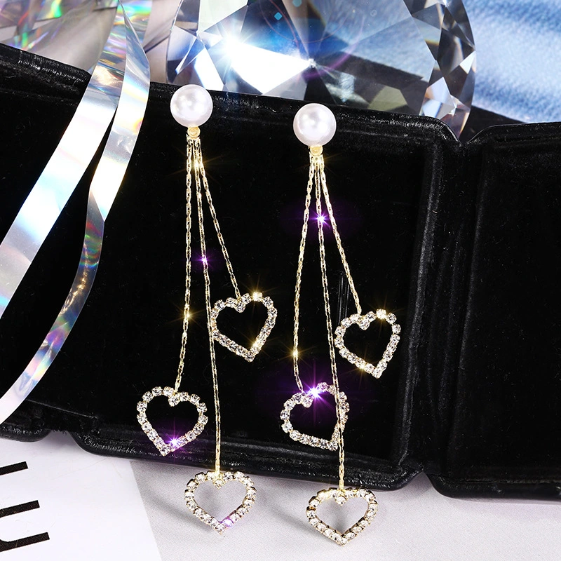 Silver Needle Diamond Love Tassel Earrings Femininity
