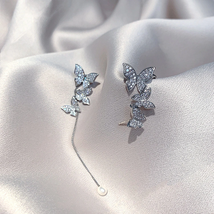 Asymmetric Full Diamond Butterfly Earrings Female 925 Silver Needle Long Earrings