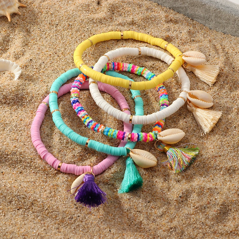 Bohemian Ethnic Shell Tassel Bracelet Simple Colored Soft Clay Bracelet