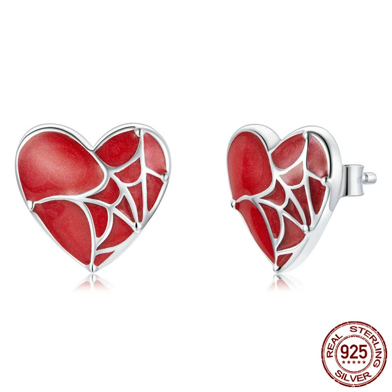 Guochao Retro Style Red Heart-shaped Earrings