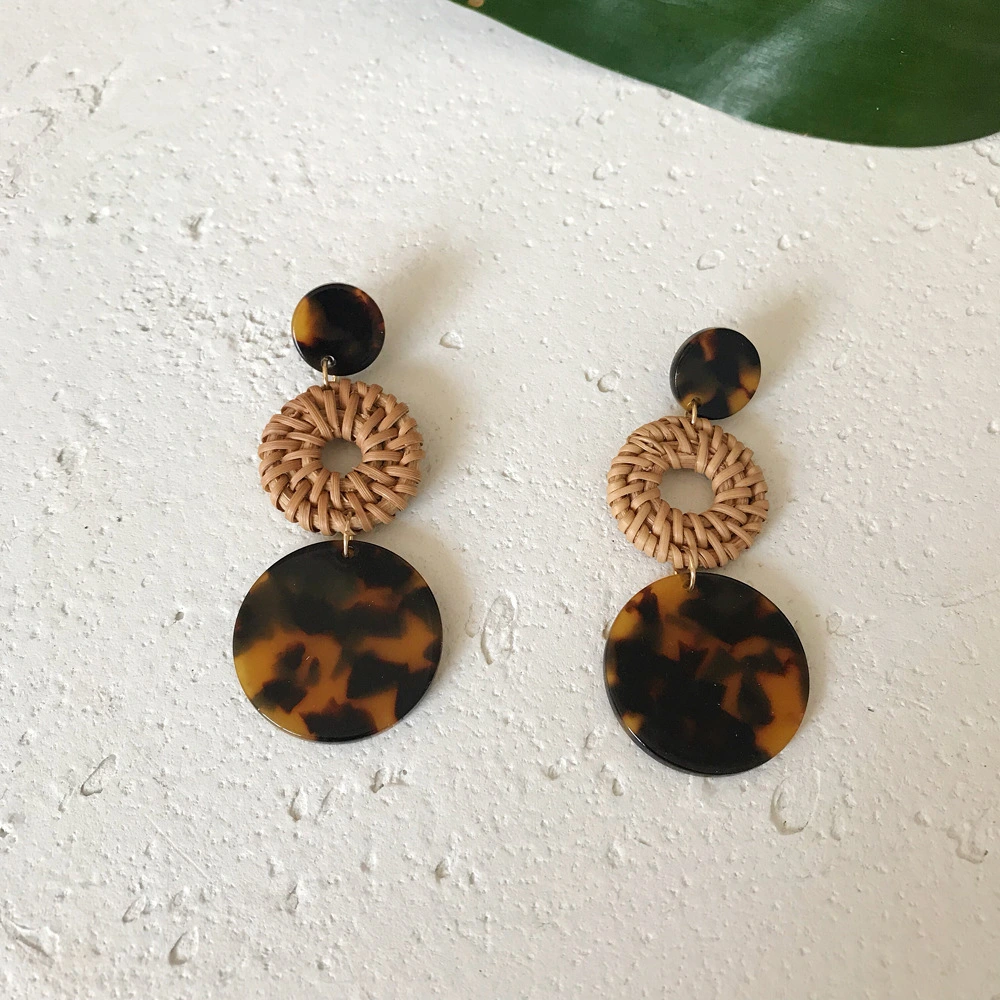 Resin Rattan Earrings Imported Bamboo And Rattan Handmade Leopard Earrings Geometric Round Earrings