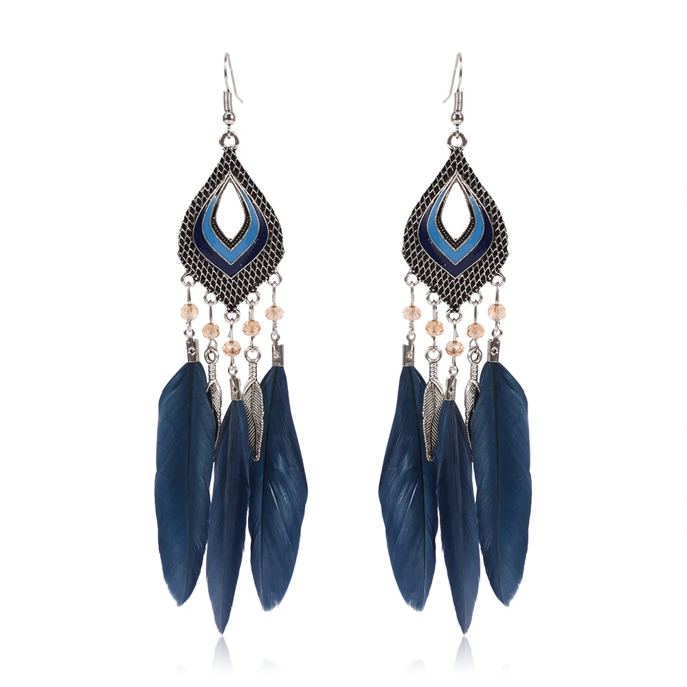 Super Fairy Seaside Holiday Feather Earrings Fan Shizu Street Shooting Long Hollow Oil Dripping Rice Bead Earrings