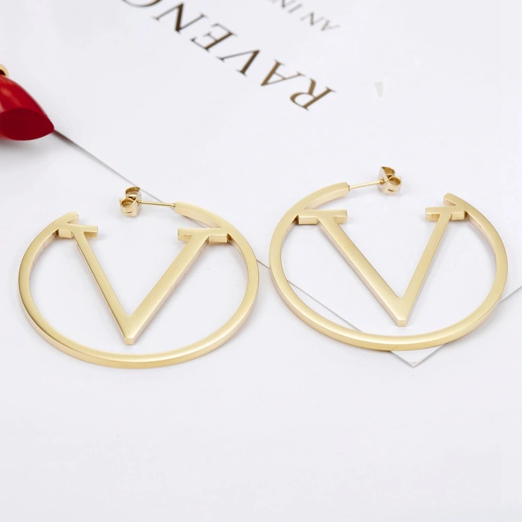 European And American Letter V Stainless Steel Earrings Round