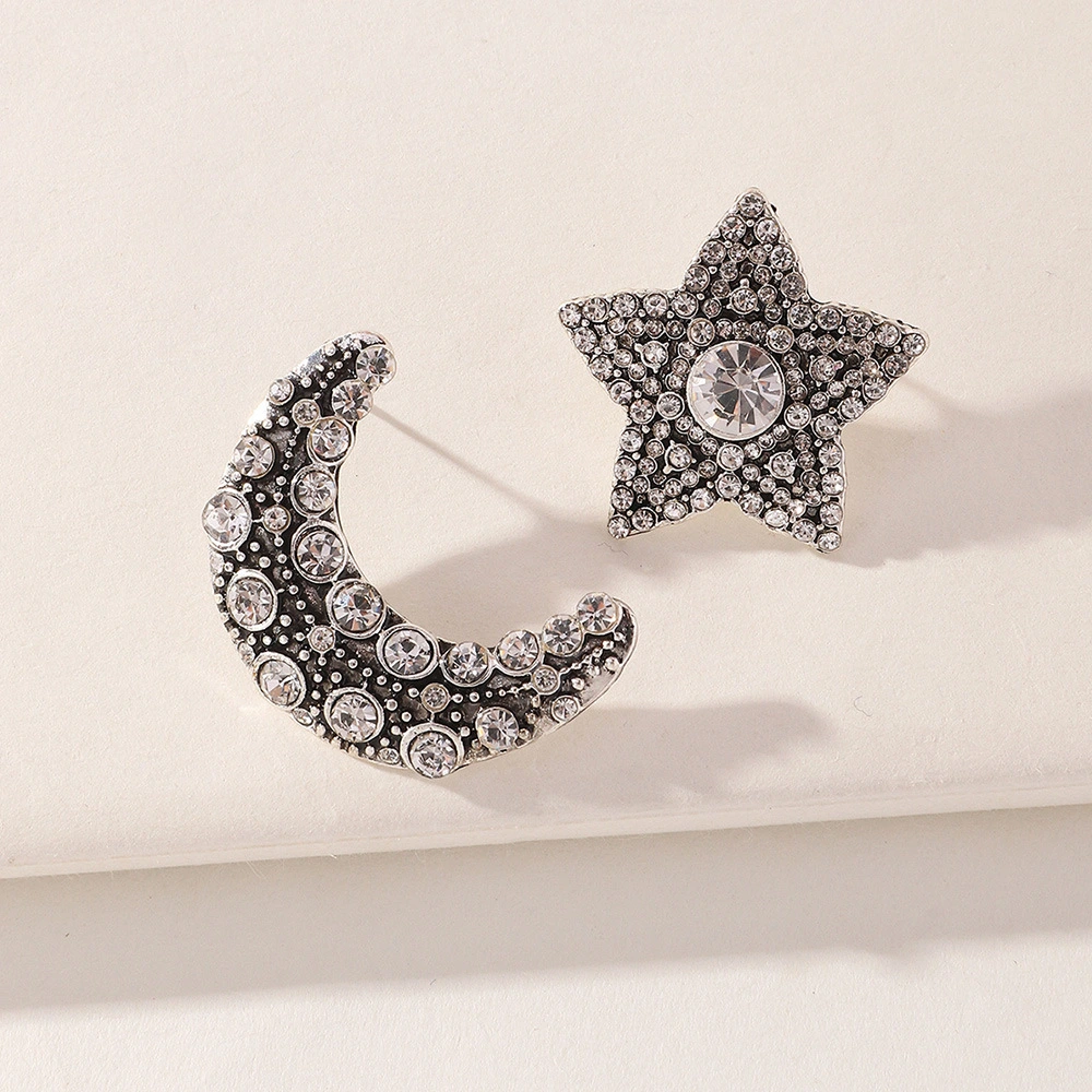 Pentagram And Moon Asymmetrical Diamond Stud Earrings