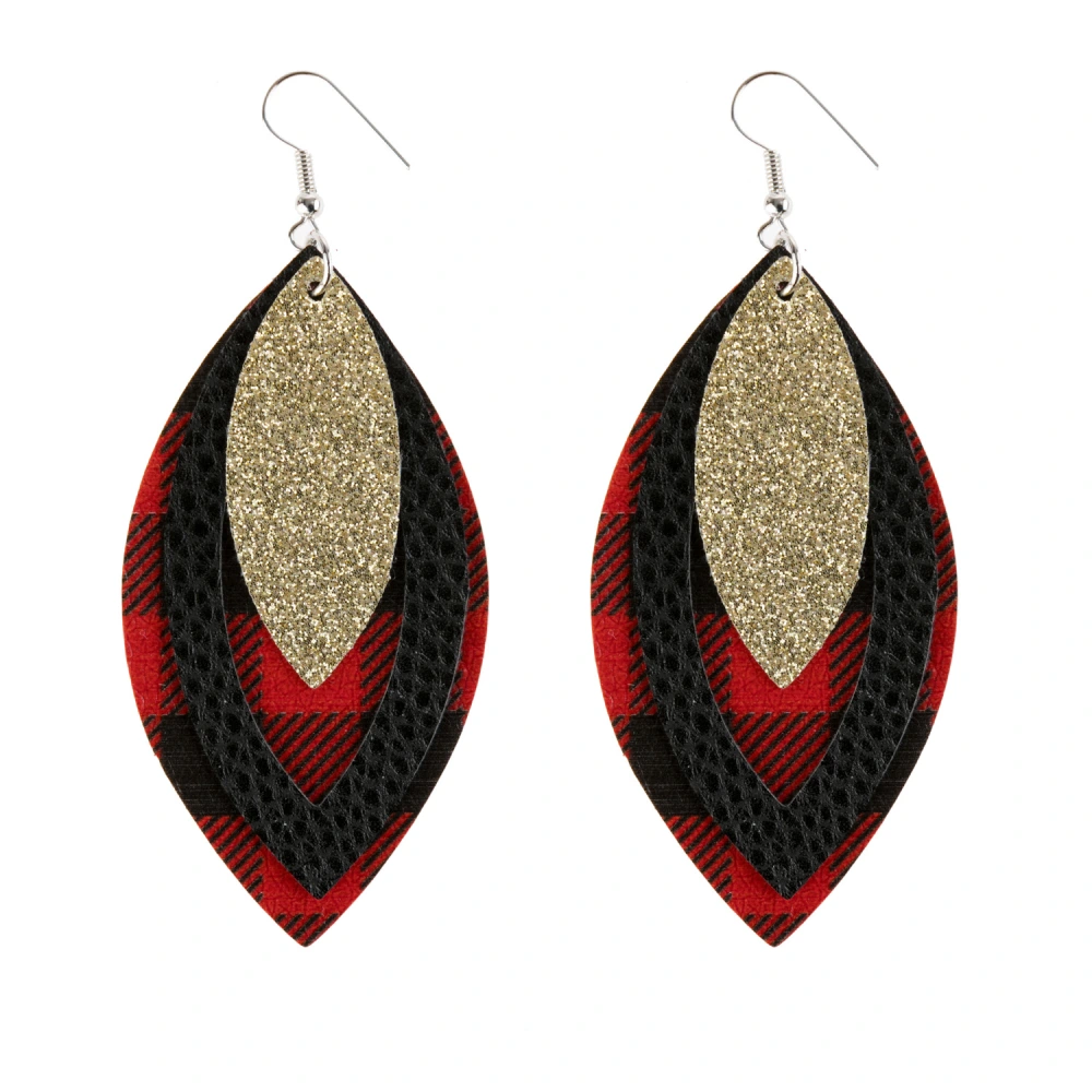 Multicolor Stitching Lattice Leaf Leather Hollow Tassel Earrings