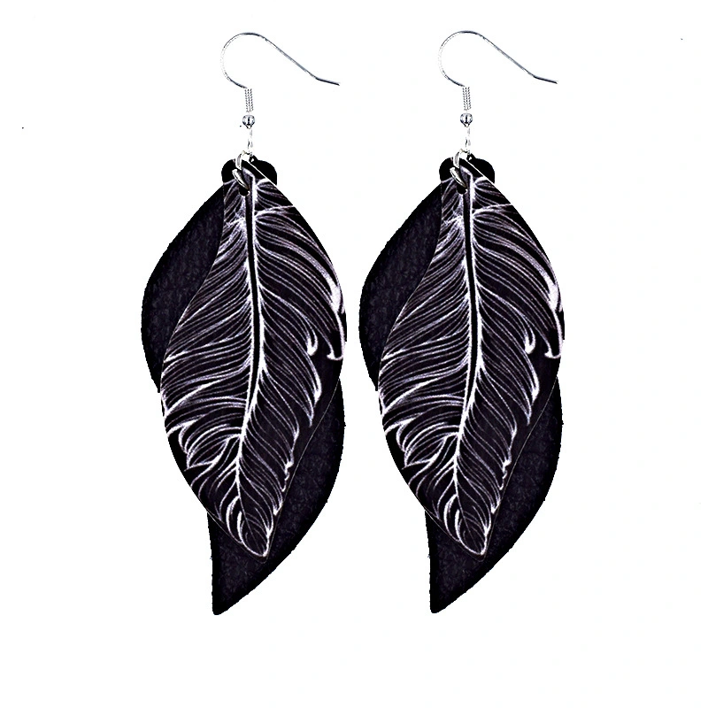 Double Feather Leather Earrings Multilayer Series Leather