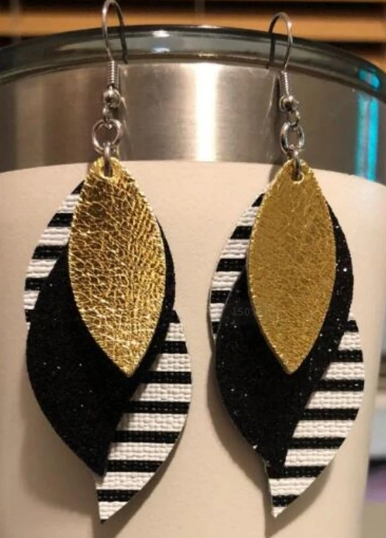 Stitched Striped Leaf Tassel Feather Earrings