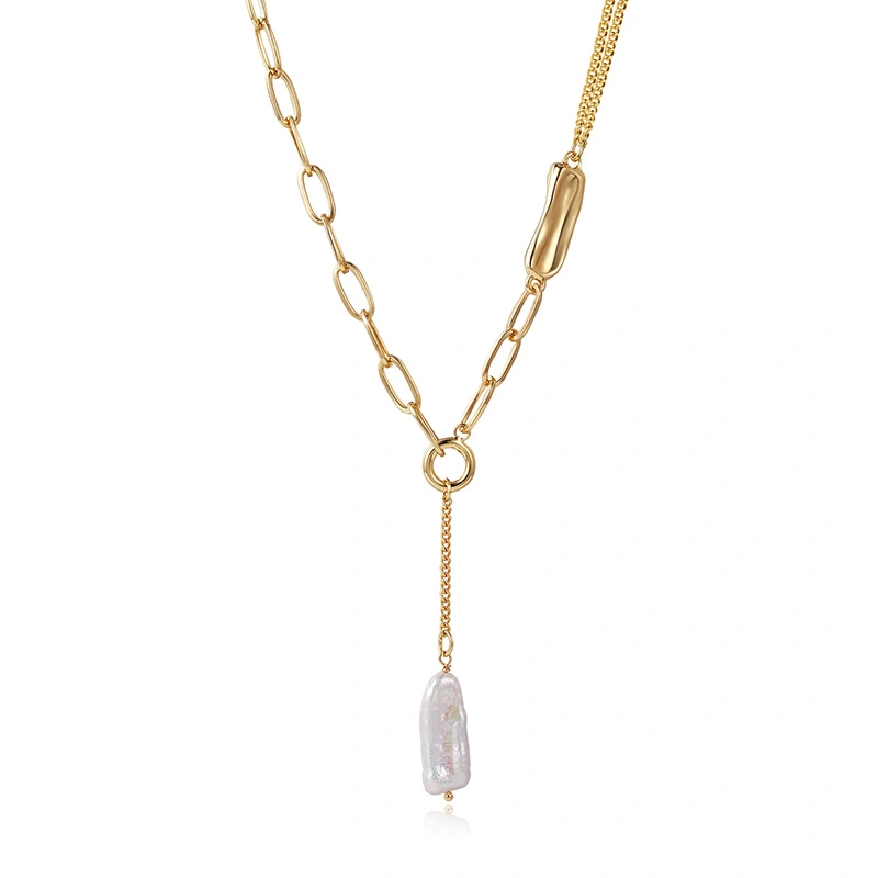 Golden Irregular Pearl Pendant Chain Necklace