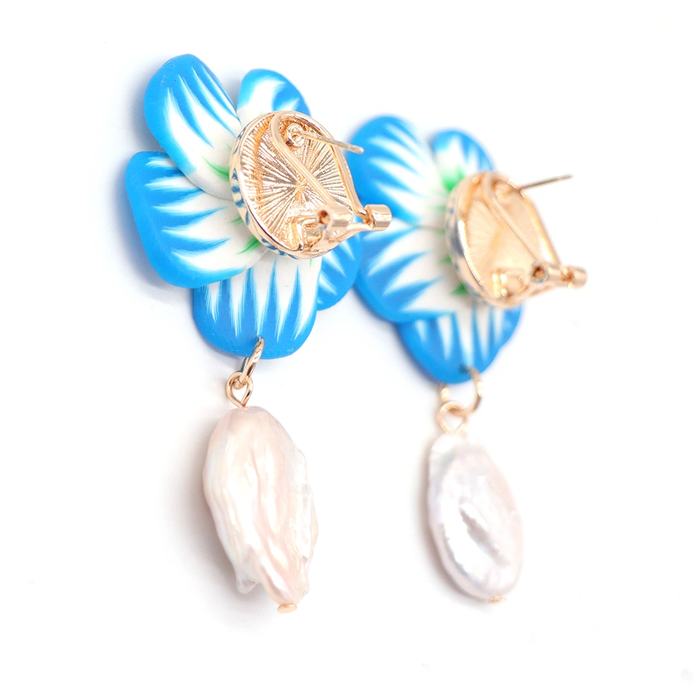 European And American Temperament Blue Flower Pearl Earrings