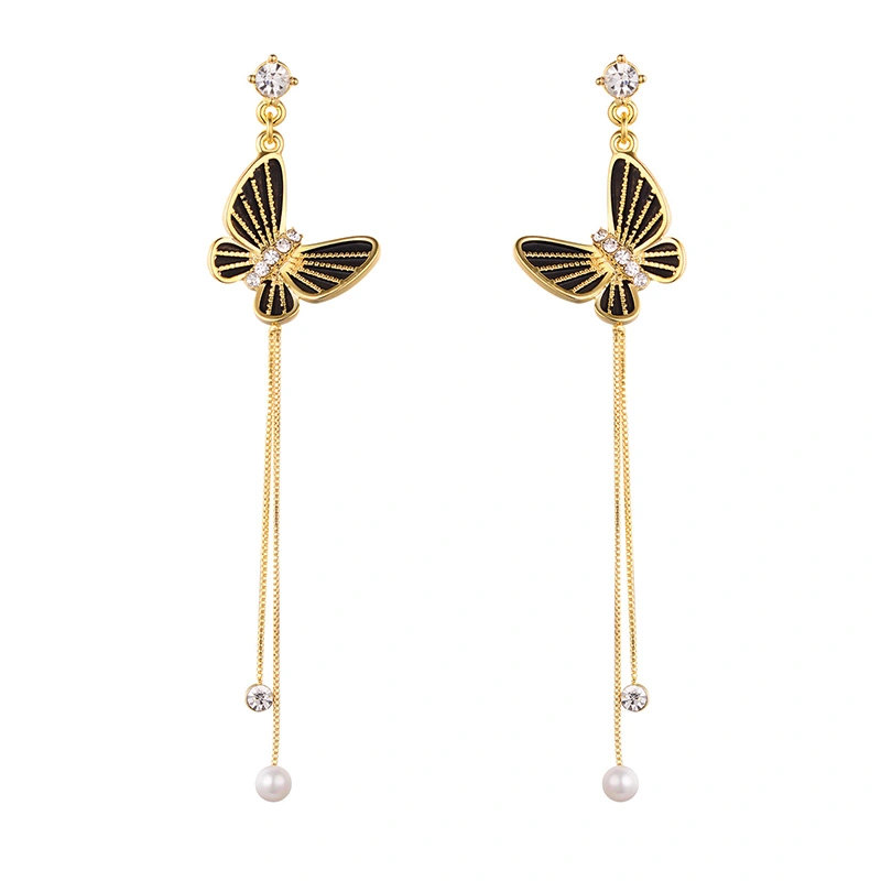 European And American Fashion Tassel Chain Long Black Butterfly Earrings Women