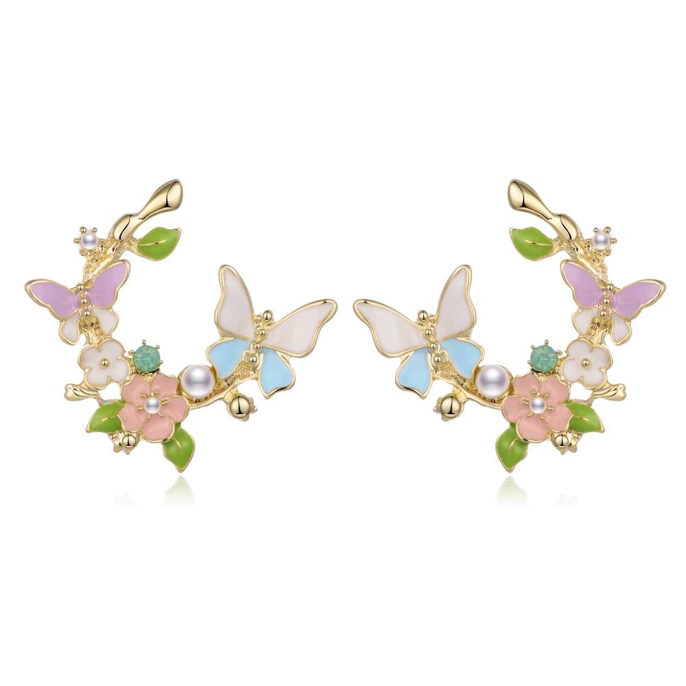 European And American Fashion Flower Color Pearl Butterfly Earrings Women