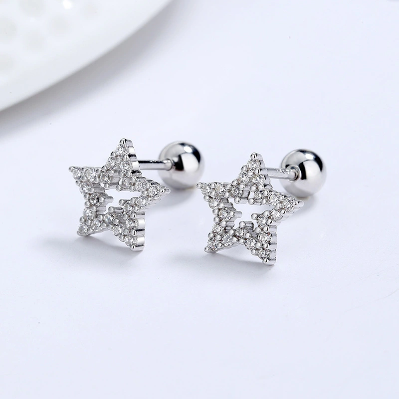 Female S925 Sterling Silver Hollow Zircon Five-pointed Star Pierced Earrings