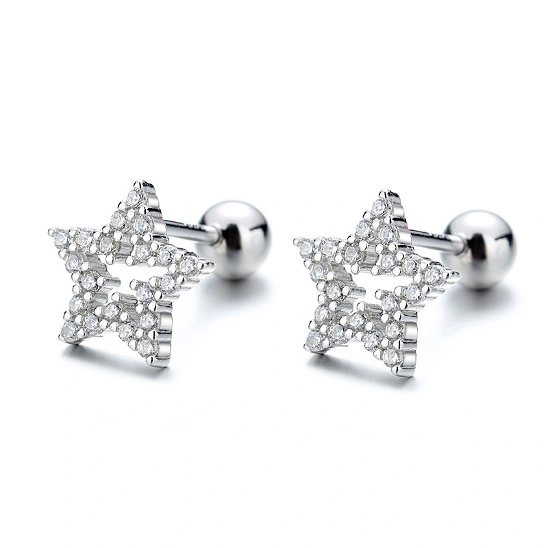 Female S925 Sterling Silver Hollow Zircon Five-pointed Star Pierced Earrings