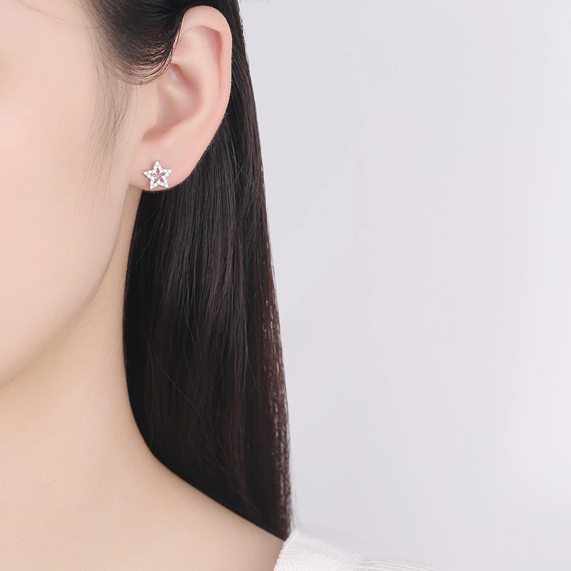 Female S925 Sterling Silver Hollow Zircon Five-pointed Star Pierced Earrings