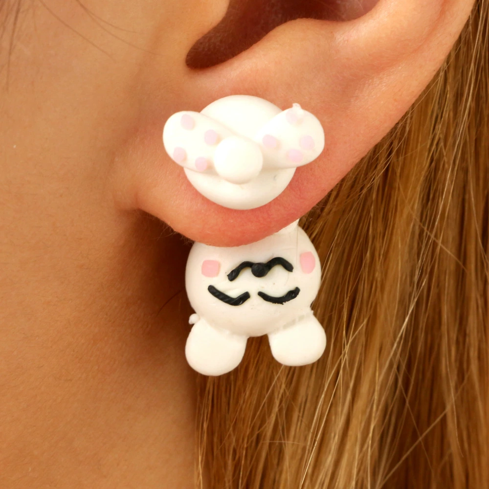 Cartoon Animal Soft Pottery Earrings Cute White Inverted Rabbit Round Tail Split Three-dimensional Earrings