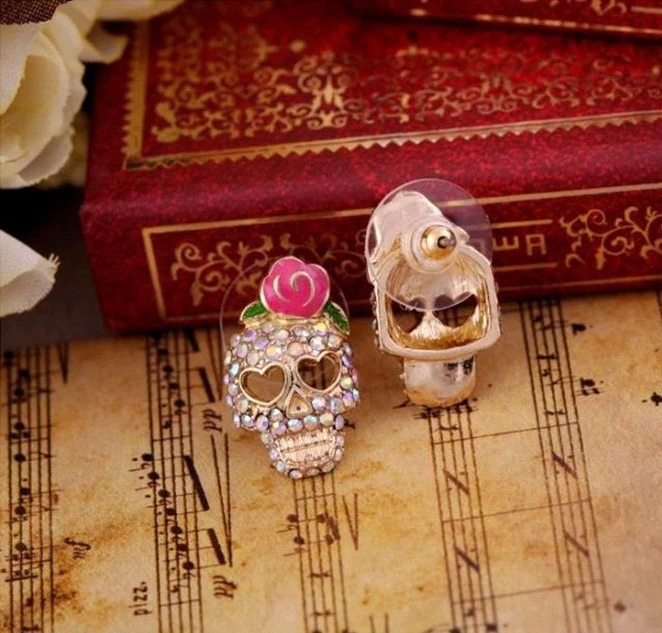 All-match Rose Skull Earrings Earrings Colored Diamond Exaggerated Earrings