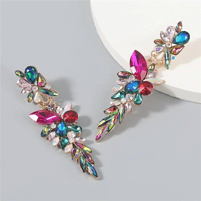 Alloy Diamond Rhinestone Flower Geometric Long Earrings