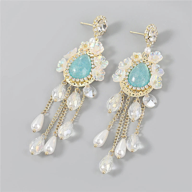 Alloy Diamond Rhinestone Resin Flower Tassel Earrings