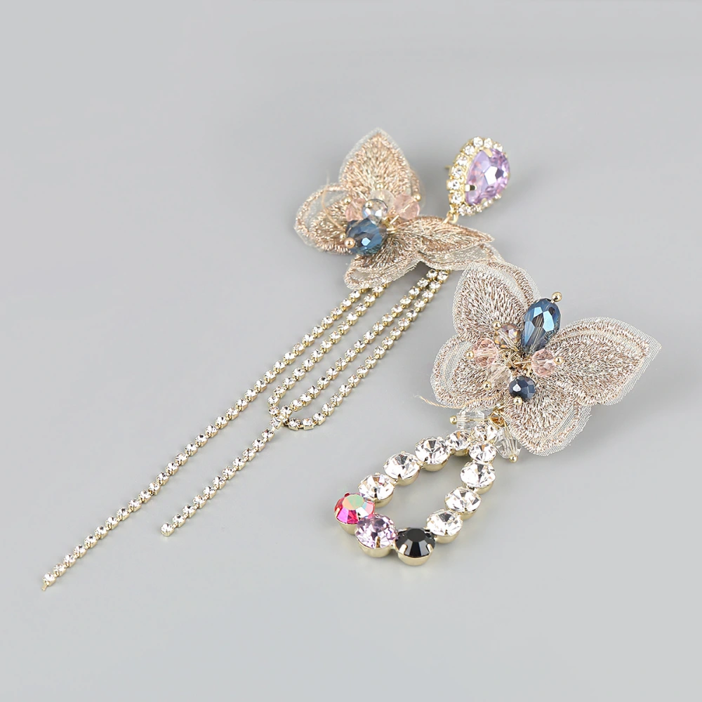 Lace Butterfly Alloy Diamond Tassel Asymmetric Earrings