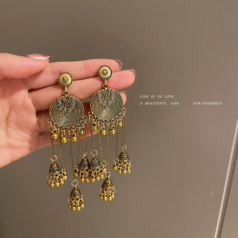 Diamond Retro Tassel Stud Earrings European And American Long Hollow Earrings