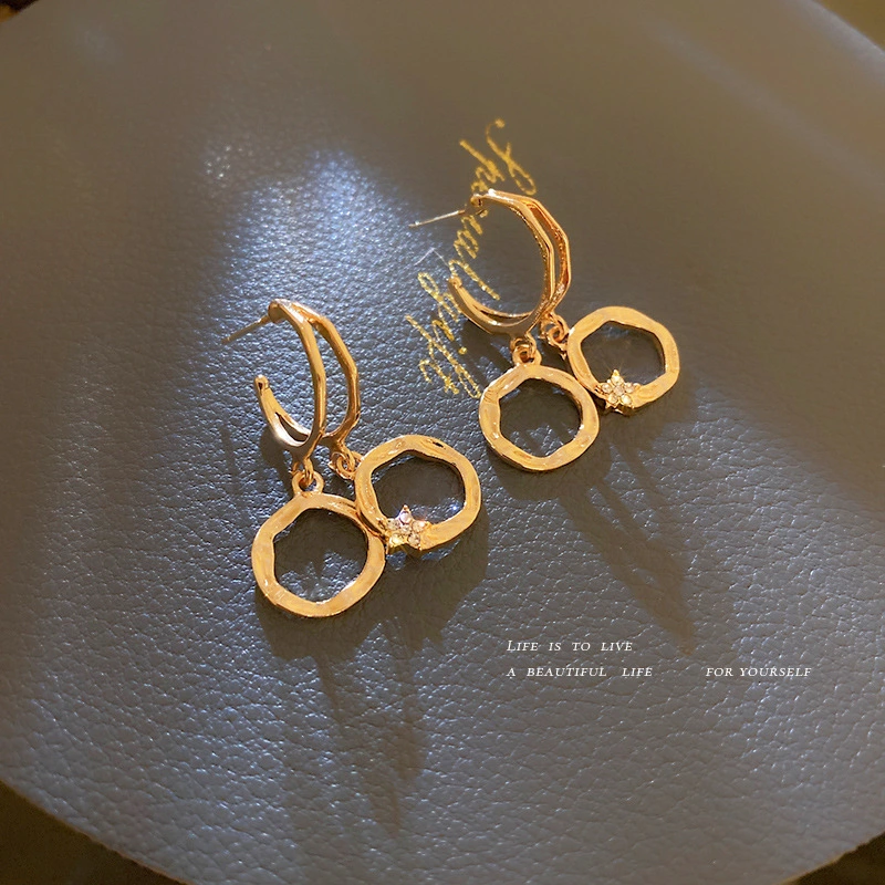 925 Silver Needle Diamond Five-pointed Star Circle Earrings Korea