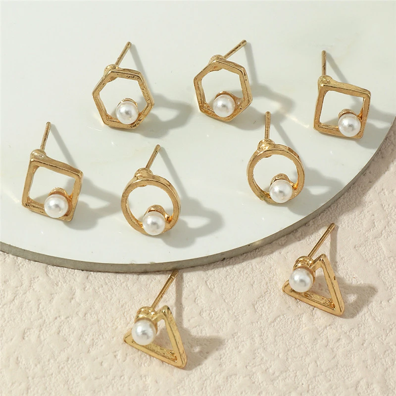 Personality Creative Geometric Ear Jewelry Round Square Pearl Earring Set