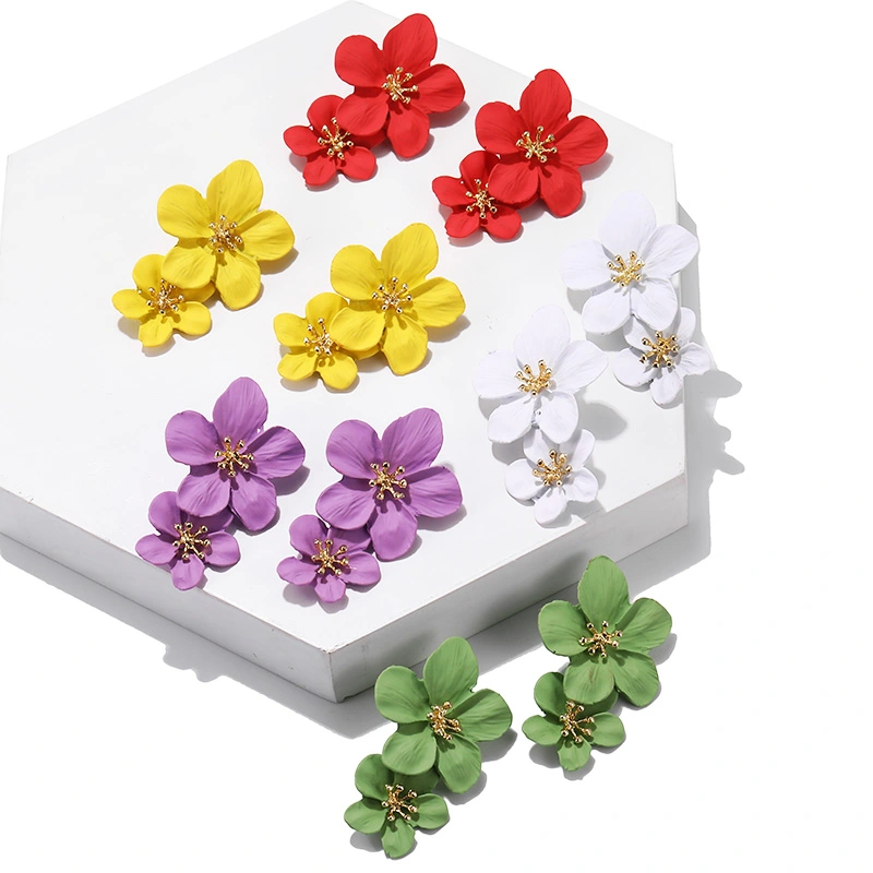 Double Layer Flower Women Earrings European And American Alloy Drip Spray Paint Baking Sweet Two-tone Flower Earrings