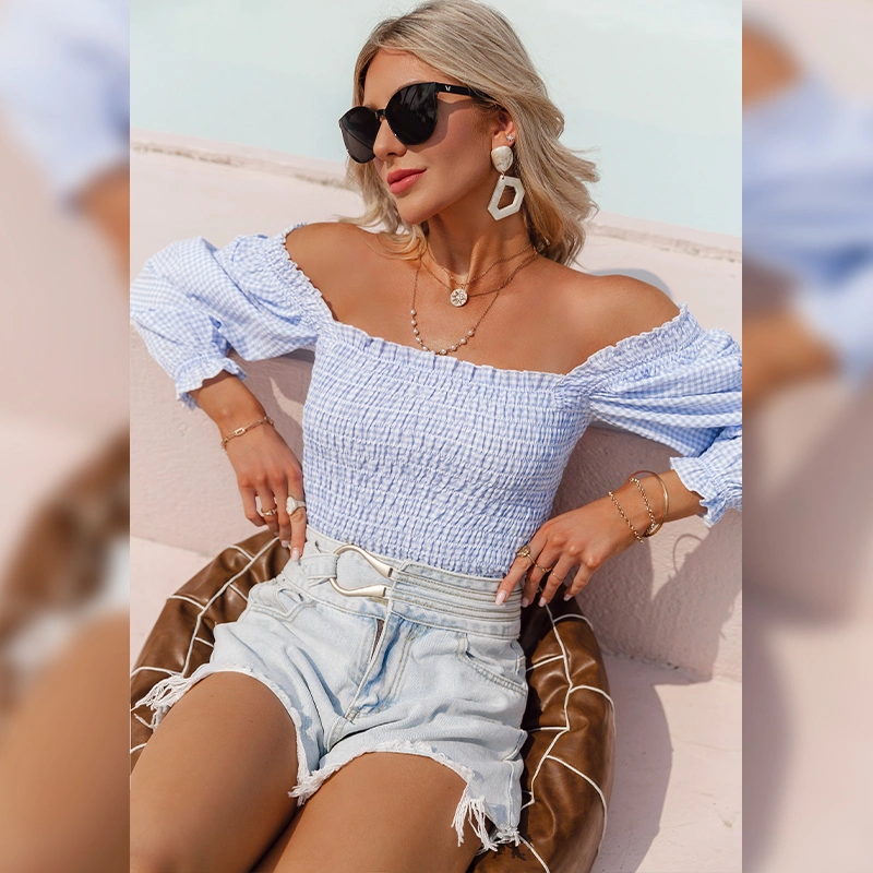 All-Match Plaid Square Collar Waist Short-Sleeved Women Slim Shirt
