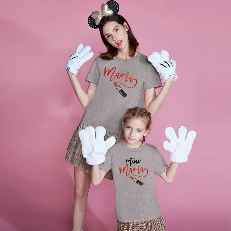 Girls Lipstick Cartoon Print Short Sleeve T-Shirt Mother Daughter Mom And Girl