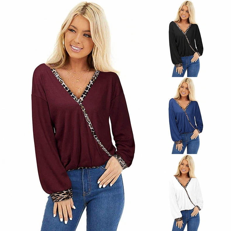 European And American Autumn And Winter New Women Tops, Leopard Print Stitching Deep V-Neck Women Long Sleeve T-Shirt