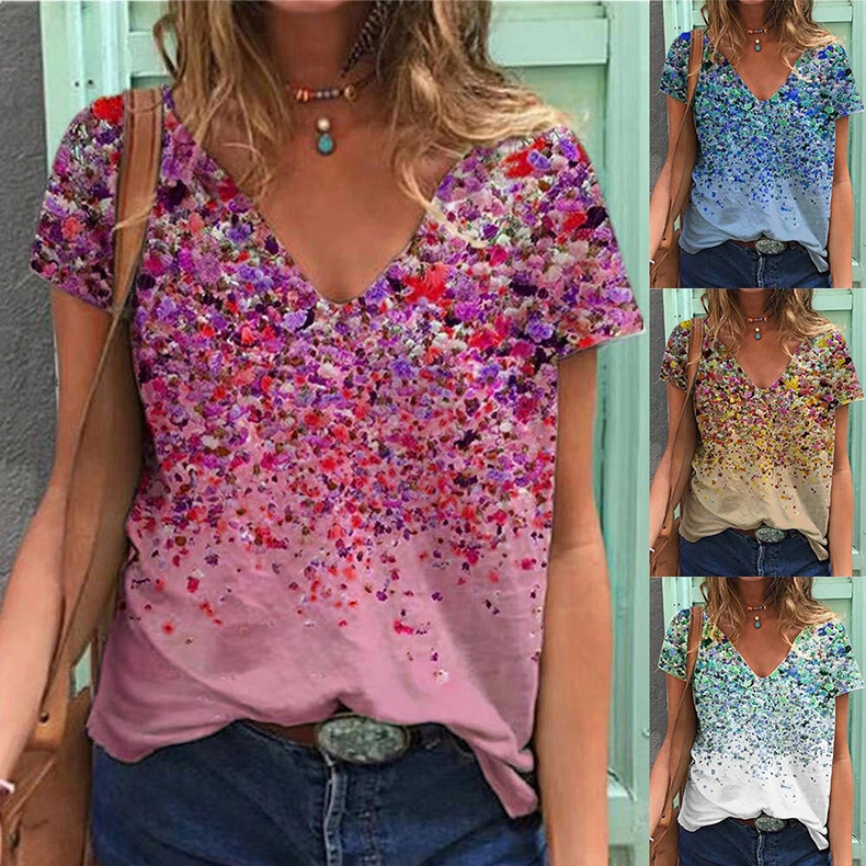 Summer New Ladies Tops V-Neck Printed Short-Sleeved Ladies T-Shirt