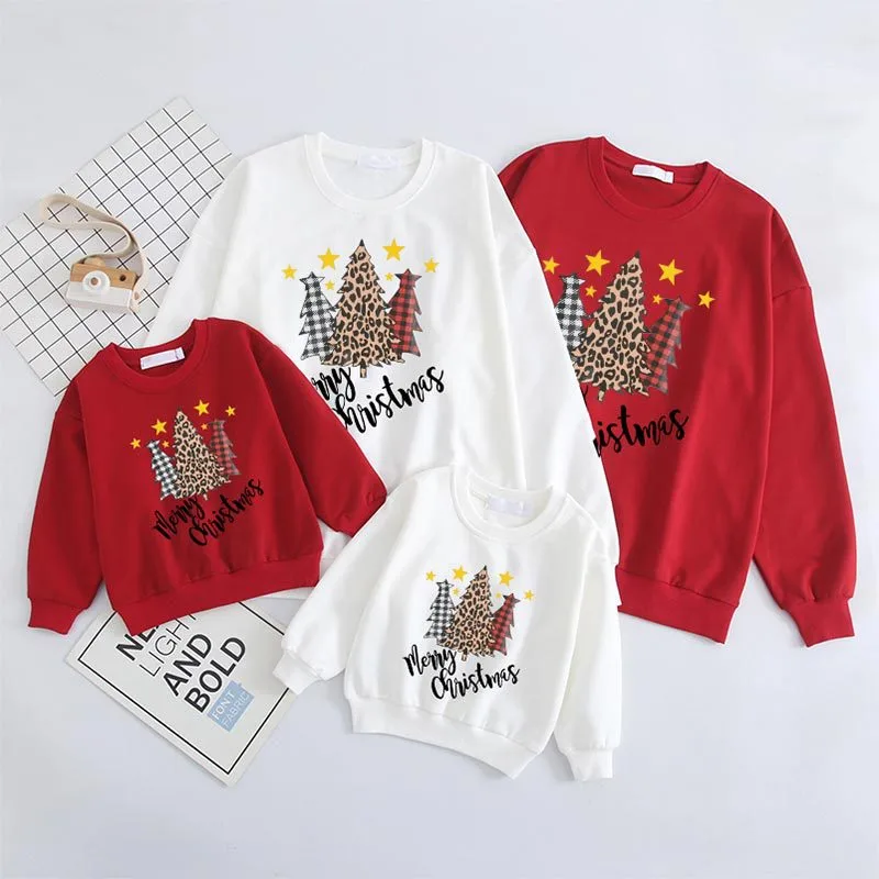 Parent-Child Wear Autumn And Winter Family Of Three Christmas Tree Print Round Neck Long Sleeve Pullover