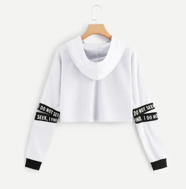 Ladies Hooded Short Letter Long Sleeve Crop Sweatshirt