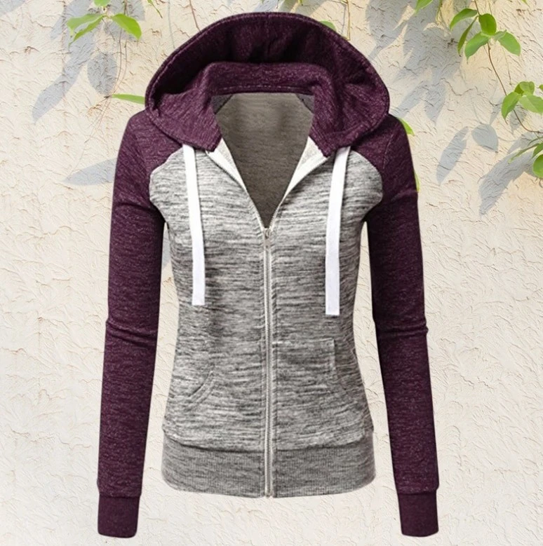 Fashion Three-Color Stitching Slim-Fit Hooded Cardigan European And American Women's Sweater
