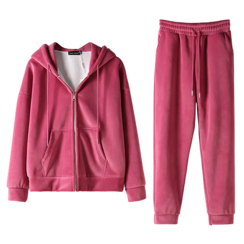 Plush Thickened Zipper Sweater Women's Tide Suit Korean Loose Sports Two-piece Suit